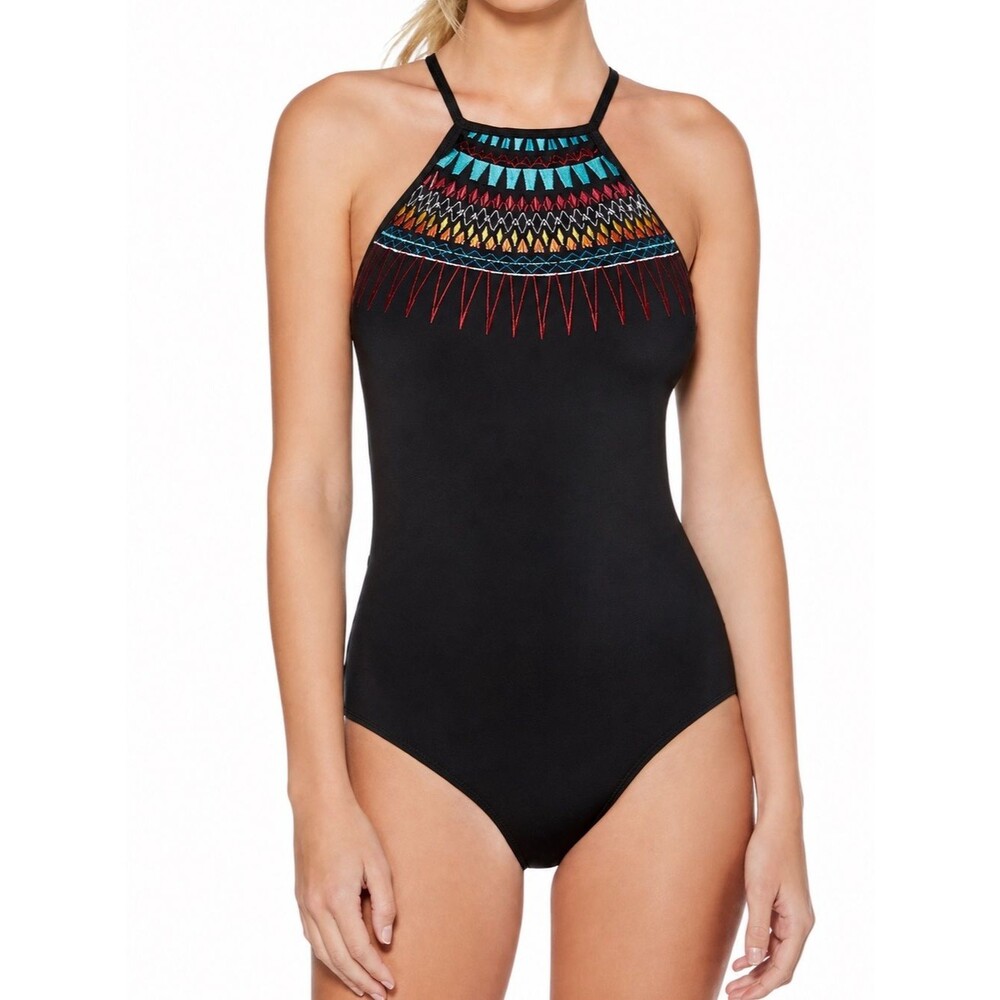Laundry Shelli Segal Black Mulitcolor Embroidered One Piece Swimsuit Beach XL